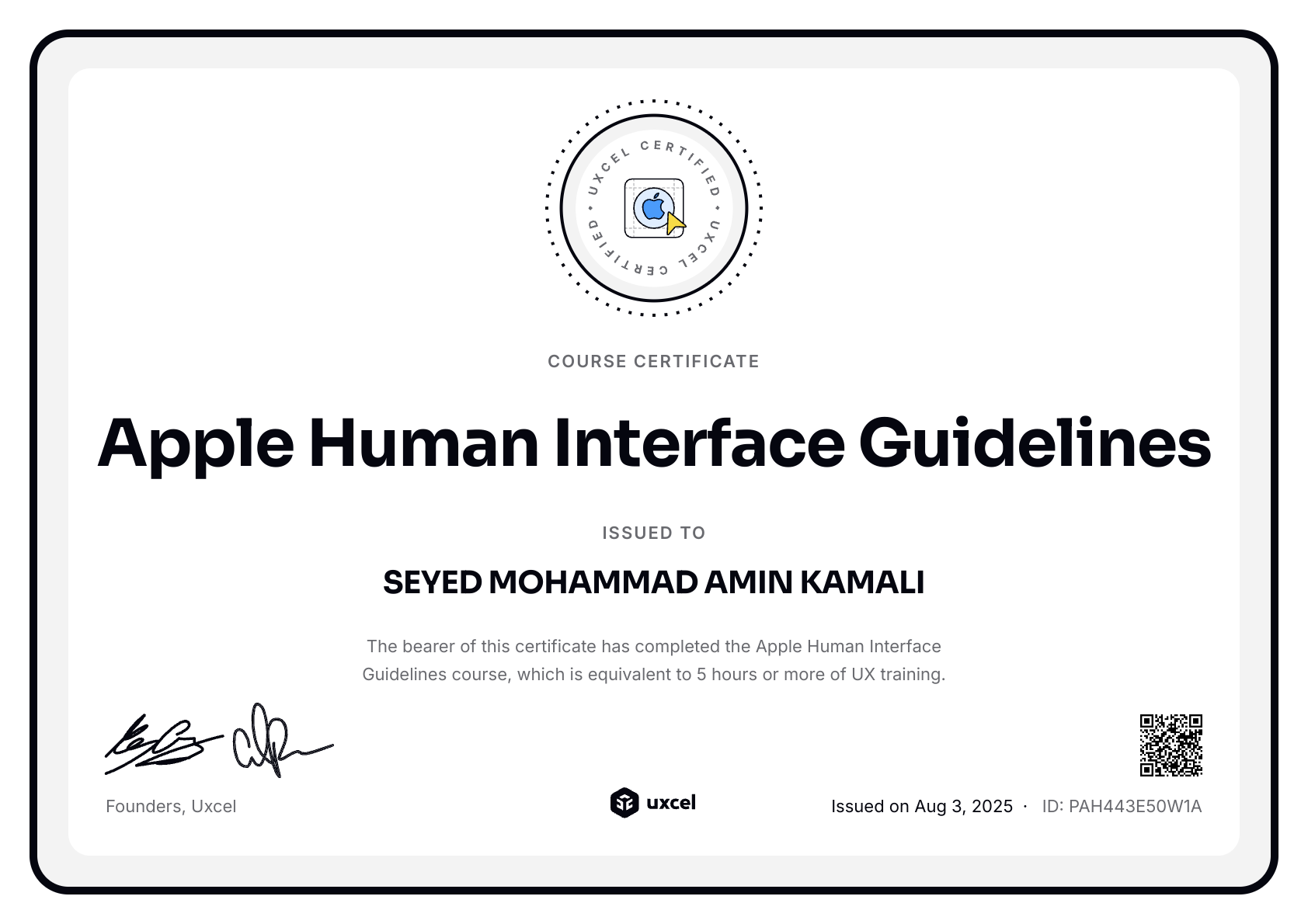 SEYED MOHAMMAD AMIN KAMALI's certificate